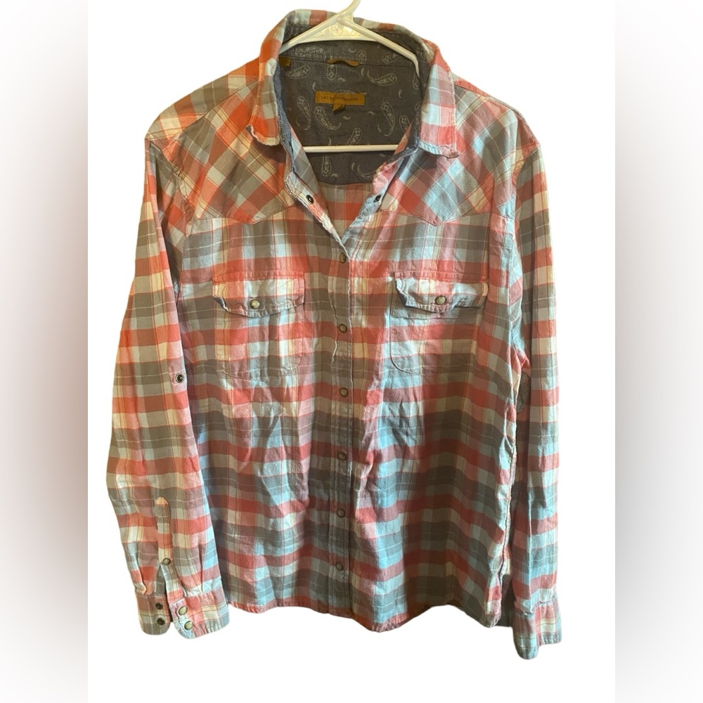 Women’s “Jachs Girlfriend “ (pink,gray,cream)‎ Plaid Long Sleeve Shirt-Size XXL